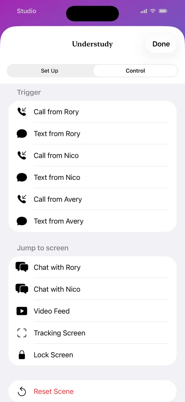 Understudy's control panel with buttons for a call or text from each contact.