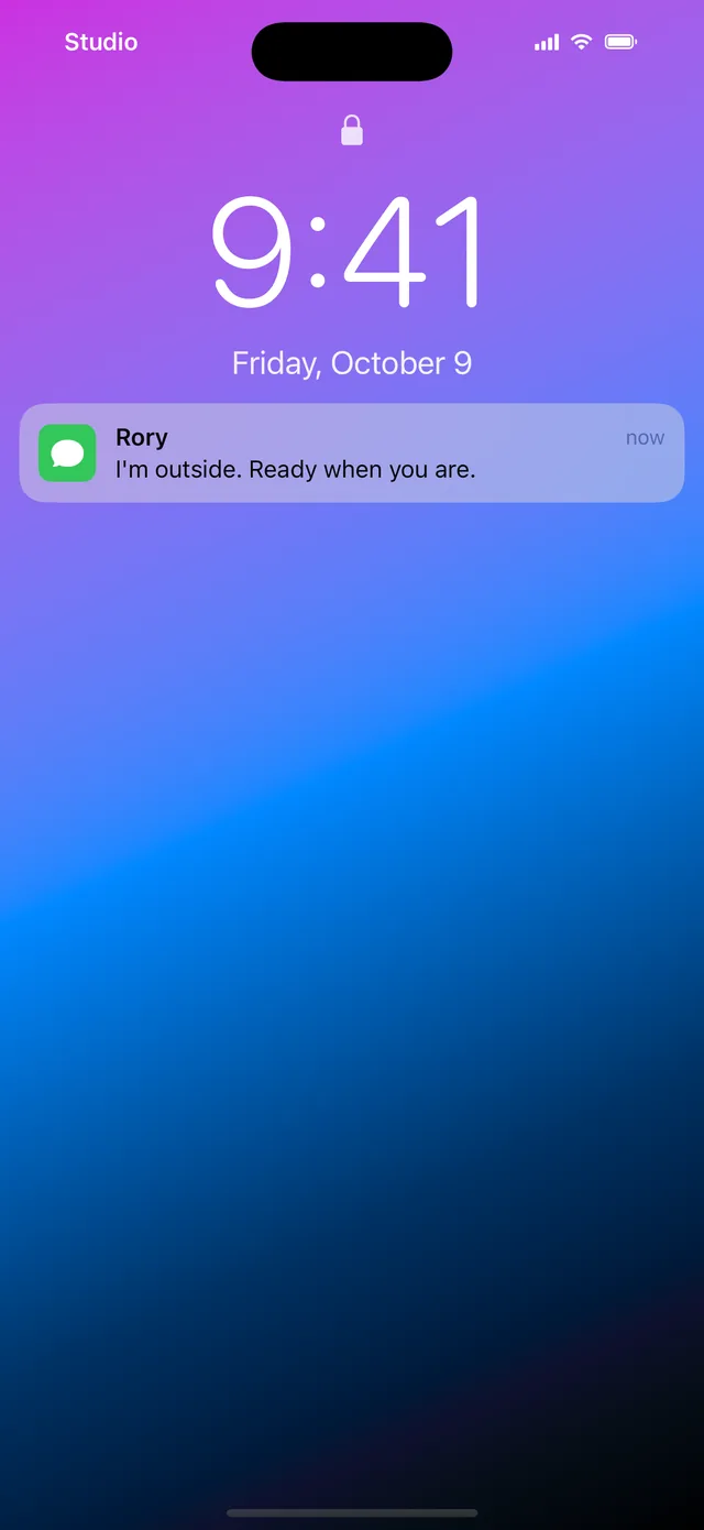 A lock screen at 9:41 with a text from Rory: I'm outside. Ready when you are.